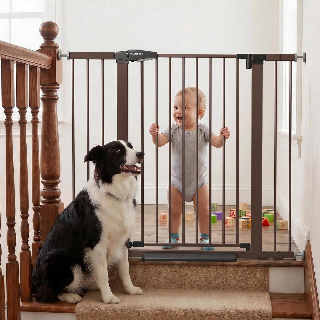 Mumeasy 36" Extra Tall Dog Gate, Auto Close Baby Gate for Stairs Doorways, 29.7-46" Wide Walk Thru Child Safety Gate for House, Easy Install Pressure Mounted Metal Pet Gate with Door, Brown