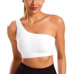 Smooth Sports Bras for Women One Shoulder Low Impact Asymmetrical Workout Tops Padded Yoga Right Shoulder Strap Bra White, S