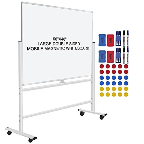 H-Qprobd 60"x48" Mobile Whiteboard Double-Sided Magnetic Dry Erase Board on Wheels - Comercial Rolling White Boards with Sturdy Stand for Home, Office & School
