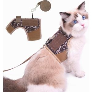 Tactical Cat Harness and Leash for Walking Escape Proof, Desert Camo, X-Large, Adjustable Cat Walking Jackets, Padded Stylish Cat Vest for Winter