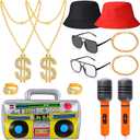 YAROMO 13 Pieces 80s 90s Party Decorations, 90s Hip Hop Costume Kit Rapper Accessories Includes Inflatable Boom Box Bucket Hat Gold Chain Ring