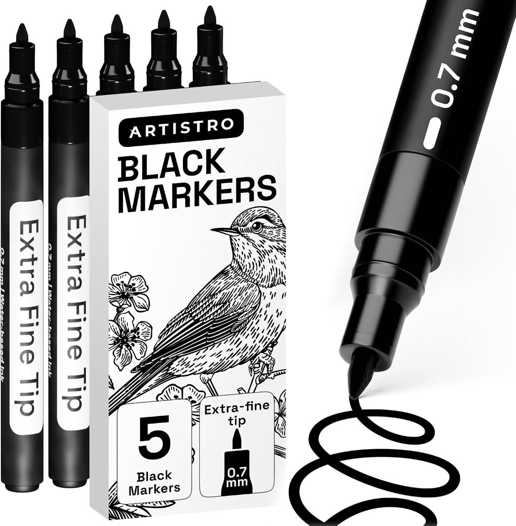 ARTISTRO 5 Black Paint Pen for Rock, Glass, Ceramic, Wood, Tire, Fabric, Metal, Canvas, Marking, Painting - Set of 5 Acrylic Paint Markers Water-based