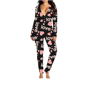 Women Sexy Bodycon Onesie Pajama Heart Print Long Sleeve Button V Neck Jumpsuit One Piece Romper Valentines Sleepwear, Small
