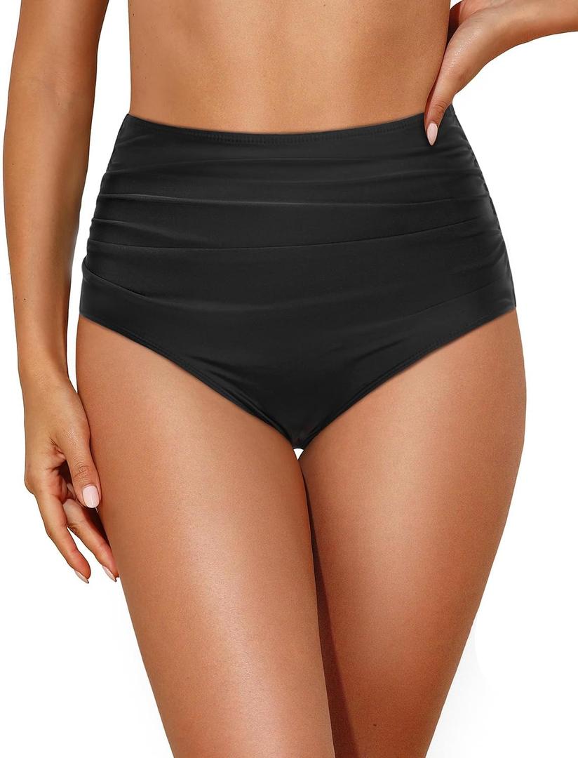 Tempt Me Women High Waisted Bikini Bottom Retro Ruched Swim Bottom Shirred Tankinis Brief (Large, Black)