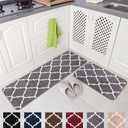 Carvapet 2 Pieces 17"x48"+17"x24" Gray Kitchen Rugs and Mats Set Absorbent Soft Microfiber Bath Rug Moroccan Trellis Non-Slip Kitchen Mat Doormat Runner Set (Grey)