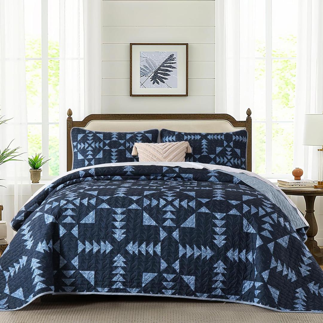 WONGS BEDDING Quilt Set King Size,Blue Cabin Arrowhead Design Bedspread Coverlet Set with 2 Pillowcases,Soft Lightweight Summer Bedding Set 110"90"