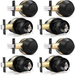Probrico Flat Black Entry Door Knobs and Single Cylinder Deadbolt Lock Combo Set, Exterior Lockset, Keyed Alike, Set of 4