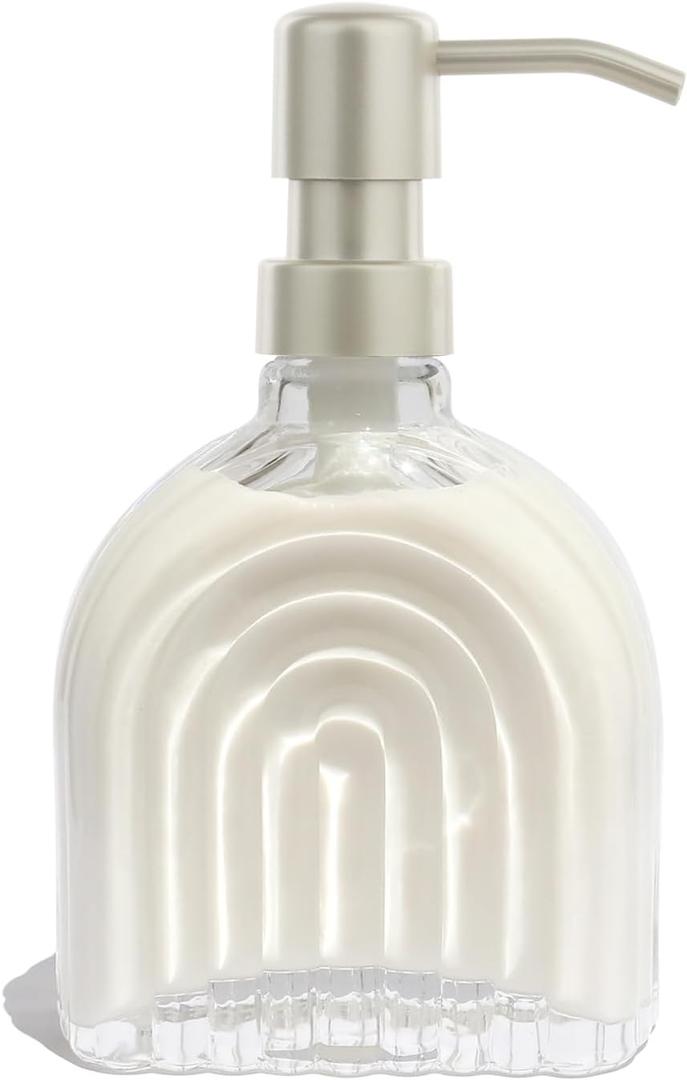 Glass Soap Dispenser for Kitchen and Bathroom Contertop Wash Hand Liquid, Dish Detergent, Farmhouse Style Shampoo Lotion Pump (1, Clear Glass with Champagne, 4" x 2"x 6-5/8")
