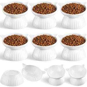 6 Pack Ceramic Raised Cat Bowl, 15 Tilted Anti-Vomiting Cat Food Dish, 5.6 Inch Wide Opening for Stress-Free Eating, Detachable Elevated Feeder for Senior Cats, Kittens, Small Dogs