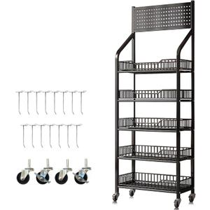 5 Tier Retail Candy Display Rack Metal Storage Shelf with Wheels & 5 Hooks Concession Candy Snack Display Racks Sturdy and Stable Chip Shelf Rack for Stores, Kitchen, Office (5 Tier)