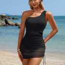 Charmo One Shoulder One Piece Swim Dress Ribbed Scalloped Swimsuit Women Mesh Sheer Wraps Slimming Bathing Suit Swimwear (Black, M)