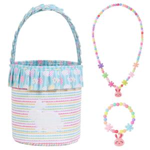 Easter Basket for Girls with Flower Beaded Bracelet and Necklace - Cute Fabric Easter Basket with Bunny Design, Perfect for Egg Hunt, Party Favors, Spring Decor & Gift (Green)
