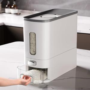 IEEK Rice Dispenser 12 Lbs,Large Cereal Dry Food Storage Containers Rice Storage Container Sealed Moisture Proof with Measuring Cup for Kitchen Pantry Household, White and Grey