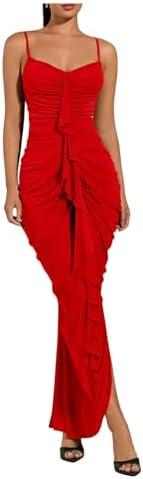 Floerns Women\'s Ruffle Ruched Cami Dress Draped Split Elegant Bodycon Maxi Dresses (NO SIZE)