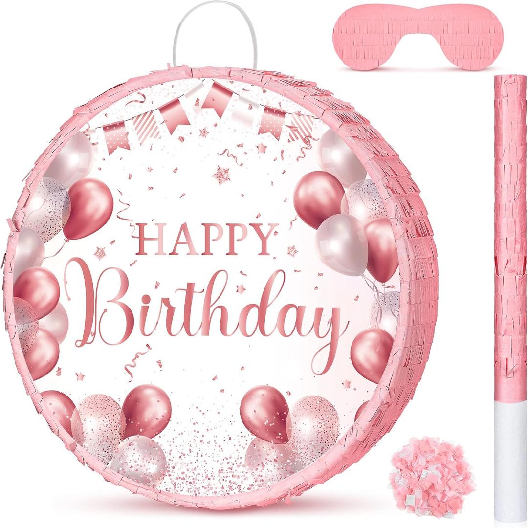 Sinmoe Birthday Piata with Stick Blindfold and Confetti Large Piata for Adult Men Women Birthday Party Supplies Decoration Wedding Anniversary (Rose Gold)