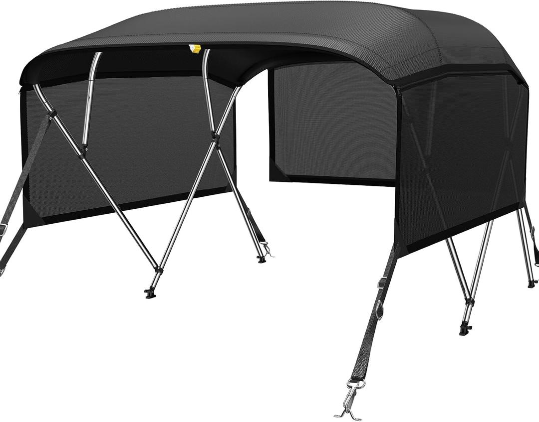 KAKIT 3 4 Bow Bimini Tops for Boats with 3 Mesh Sidewalls Rear Support Poles Boat Canopy Includes Straps Storage Boot, Dark Gray, 4 Bow 8'L x 54" H x 91"-96" W