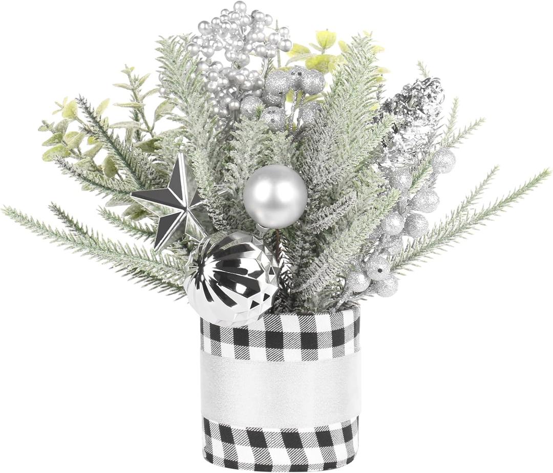 SY Super Bang Small Winter Buffalo Check Plaid Christmas Tree, Artificial Mini Tabletop Winter Tree Decorations with Silver Ornaments, for Home Holiday Indoor Party Xmas Decor.