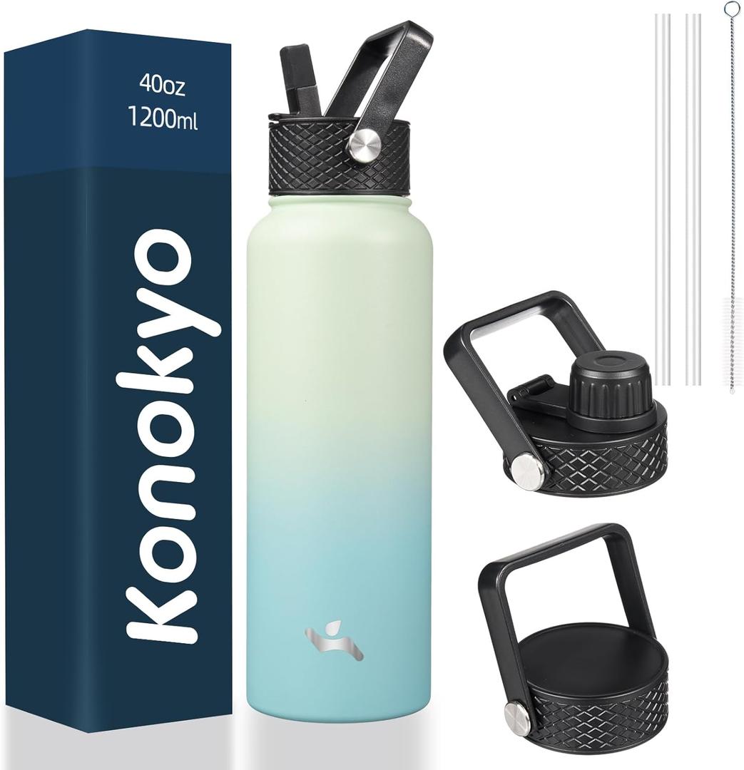 Konokyo 40oz Insulated Water Bottle Stainless Steel Sport Bottles with 1 Lids,Mint