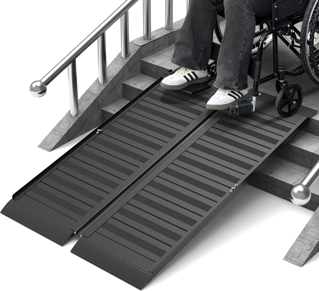 4FT Portable Wheelchair Ramp with Handle, Non-Slip Aluminum Folding Handicap Wheelchair Ramp for Home, Doorways, Thresholds, Steps, Curbs, Stairs, 800 LBS Capacity (4FT(Using height 4"-12"))