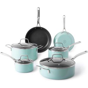 Martha Stewart Lockton Premium Nonstick 10 Piece Enamel Heavy Gauge Aluminum Pots and Pans Cookware Set - Martha Blue