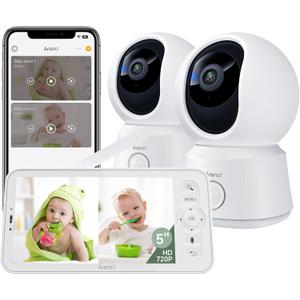 ARENTI Baby Monitor 2 Cameras, Smart Baby Camera with 5-Inch Wireless Display, Super Night Vision, Temperature Sensor, Sound Detection, Auto Motion Tracking, 2-Way Audio, VOX Mode(B2 Set)
