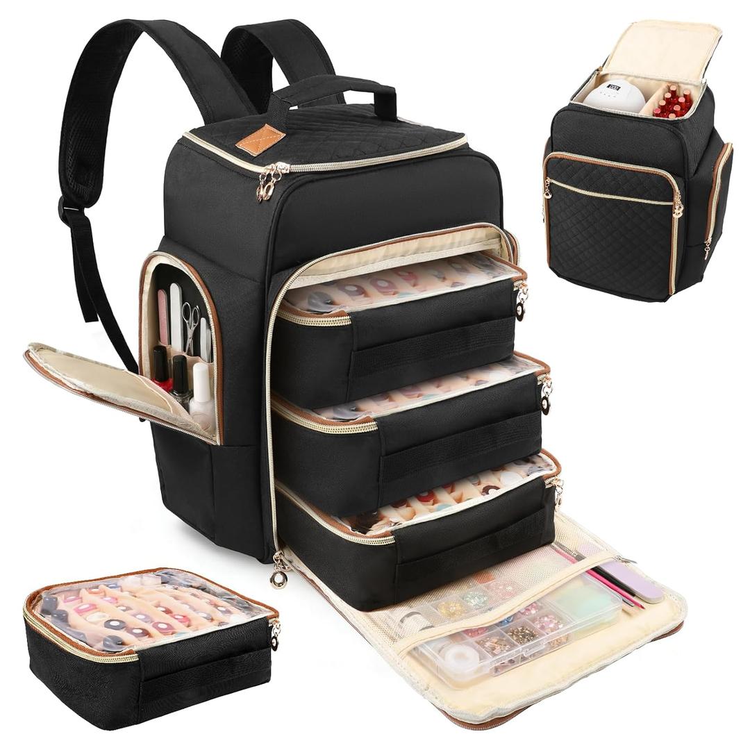 Nail Polish Organizer Backpack Holds 126 Bottles & Nail Lamp, Extra Large Nail Organizers and Storage Case with 3 Removable Pouches, Portable Nail Bag for Tech & Travel