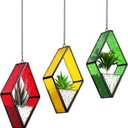 Yaomiao 3 Pcs Stained Glass Hanging Plant Terrariums Hanging Glass Planter Small Geometric Terrarium Air Plant Terrarium with Chain for Succulent Moss Holders Garden Wall Windowsill (Bright Color)
