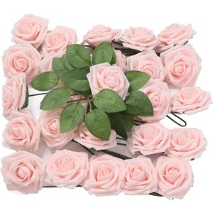 25pcs Artificial Roses, Light Pink Fake Bulks Box for DIY Wedding Bouquets Bridal Shower Centerpieces Party Decorations