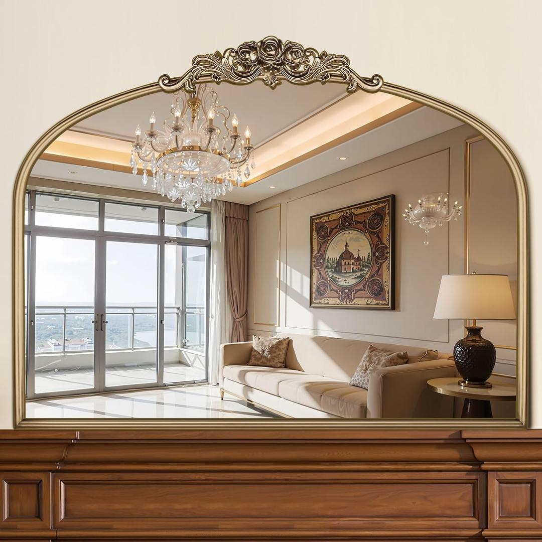40"x30" Vintage Gold Mirror, Ornate Baroque Mirror with Metal Frame and Rose Floral Crown, Gold Antique Mirror for Fireplace, Living Room, Bedroom, Entryway or Bathroom -Upgrade Tempered Glass