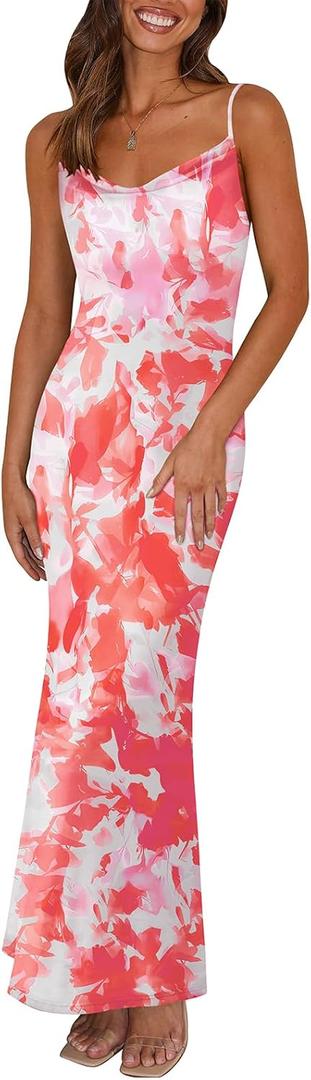 PRETTYGARDEN Women's 2026 Summer Floral Spaghetti Strap Maxi Dress Stretch Sexy Bodycon Dress Backless Slip Long Dresses (Pink)
