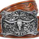 SANSTHS Cowboy Belt Western Belts for Men Women, Western Leather Belt Cowboy Cowgirl Belt Embossed Leather Belt for Jeans (for 28"-32" Waist, Silvery Bull/ Brown Belt)