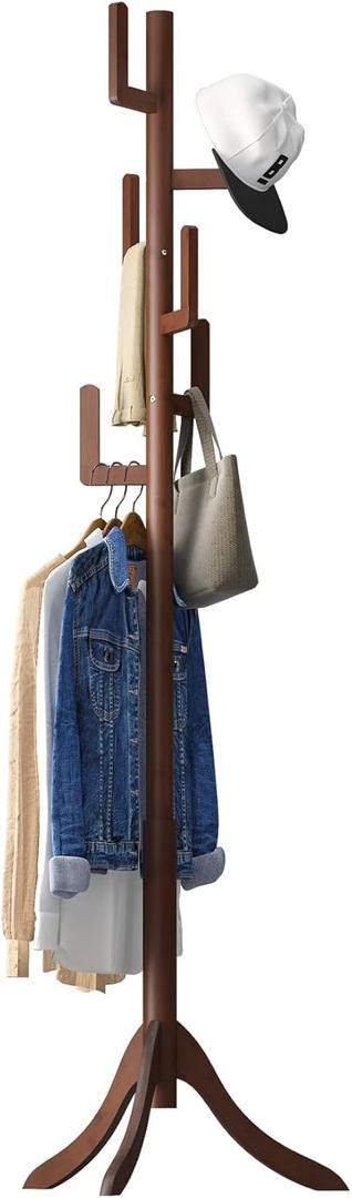 Coat Rack Freestanding, Bamboo Cactus Coat Stand, Adjustable Height Wooden Coat Tree with 6 Hooks, kids coat rack, Used In The Bedroom Living Room, Office To Hang Clothes, Hats, Bags (Brown)