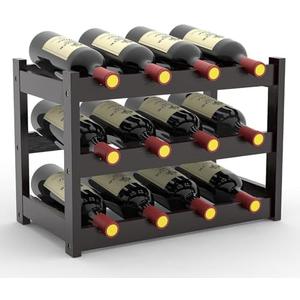 FoverOne Bamboo Wine Rack Countertop, 3-Tier 12 Bottles Wine Storage Shelf for Kitchen Pantry Cabinet - Dark Brown