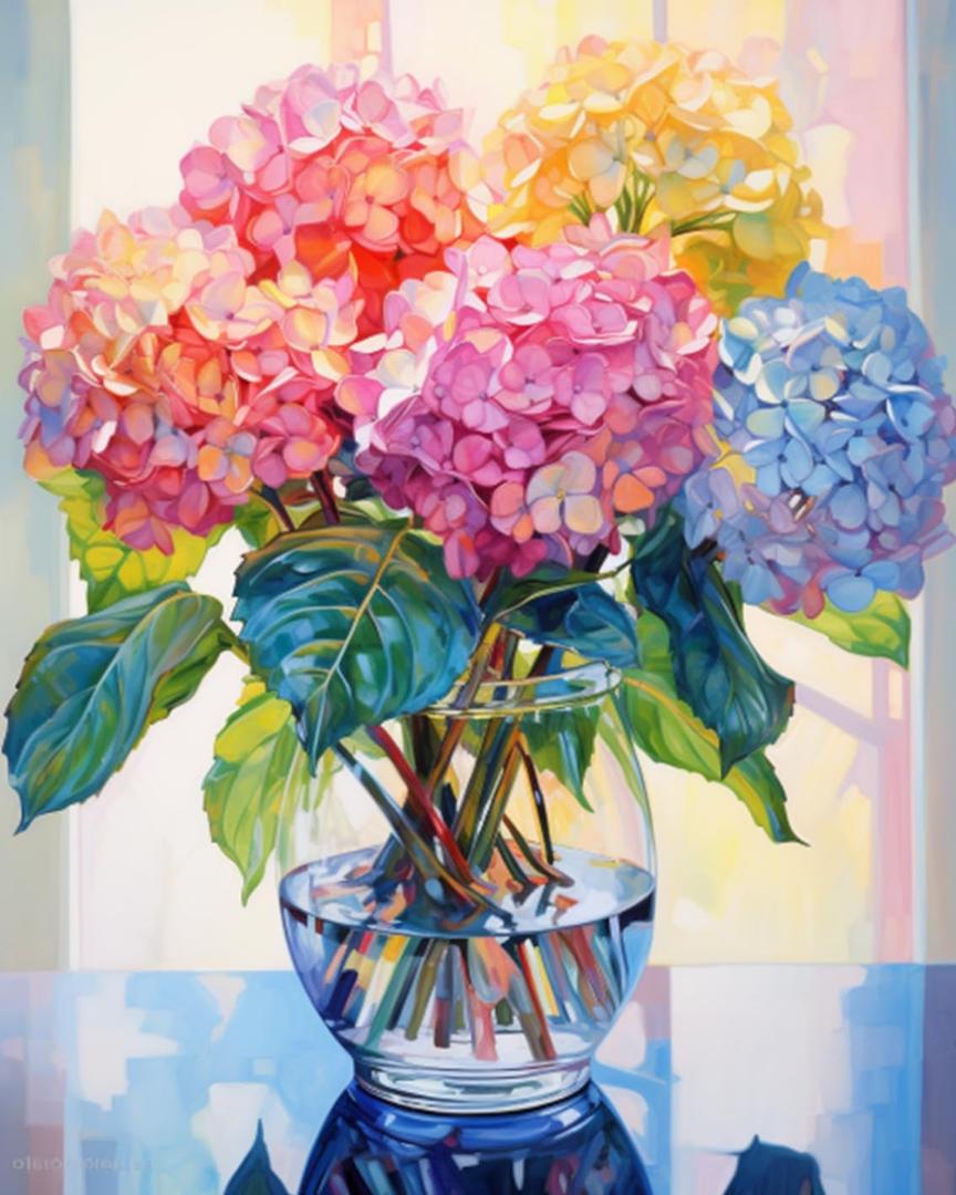 Tucocoo Hydrangea in Glass Vase Window Landscape Paint by Bumbers for Adults Beautiful Flower DIY Paint by Numbers Acrylic Paint Canvas Colorful Flowers Painting Kits Art 16x20 InchWithout Frame