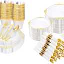 Nervure 875 PCS Gold Plastic Plates - Gold Plastic Dinnerware Sets for 125 Guests - 250 Gold Disposable Plates, 375 Gold Plastic Silverware, 125 Cups, 125 Napkins for Wedding & Party
