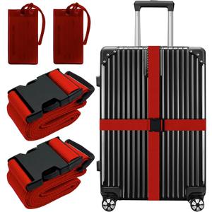 Leehoom 4 Pack Luggage Straps Set, Adjustable Suitcase Belts TSA Approved Silicone Luggage Tags Travel Suitcase Tags with Name ID Card - RED