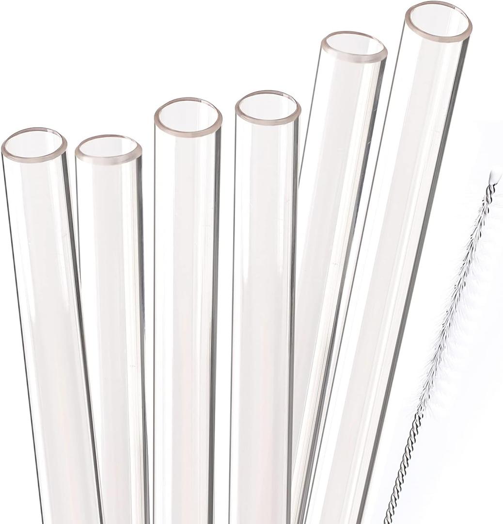 Dakoufish Reusable Smoothie Straws 10 inch Long Wide Mouth Plastic Straight Drinking Straws for Milkshakes, Set of 6 with Cleaning Brush (10inch, Clear)