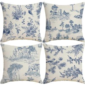 Toile Throw Pillow Covers 18x18 inch Set of 4 French Country Pillow Cases Vintage Blue Chinoiserie Decorative Cushion Covers for Sofa Couch Home Spring Decor