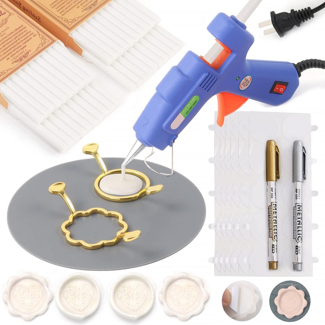 Wax Seal Kit, WASOHLING 40Pcs Pearl White Sealing Wax Sticks with Glue Gun, Wax Seal Molds, Silicone Mat, Marker Pens, Premium Kit for Wedding Invitations Envelopes Cards (Pearl White)