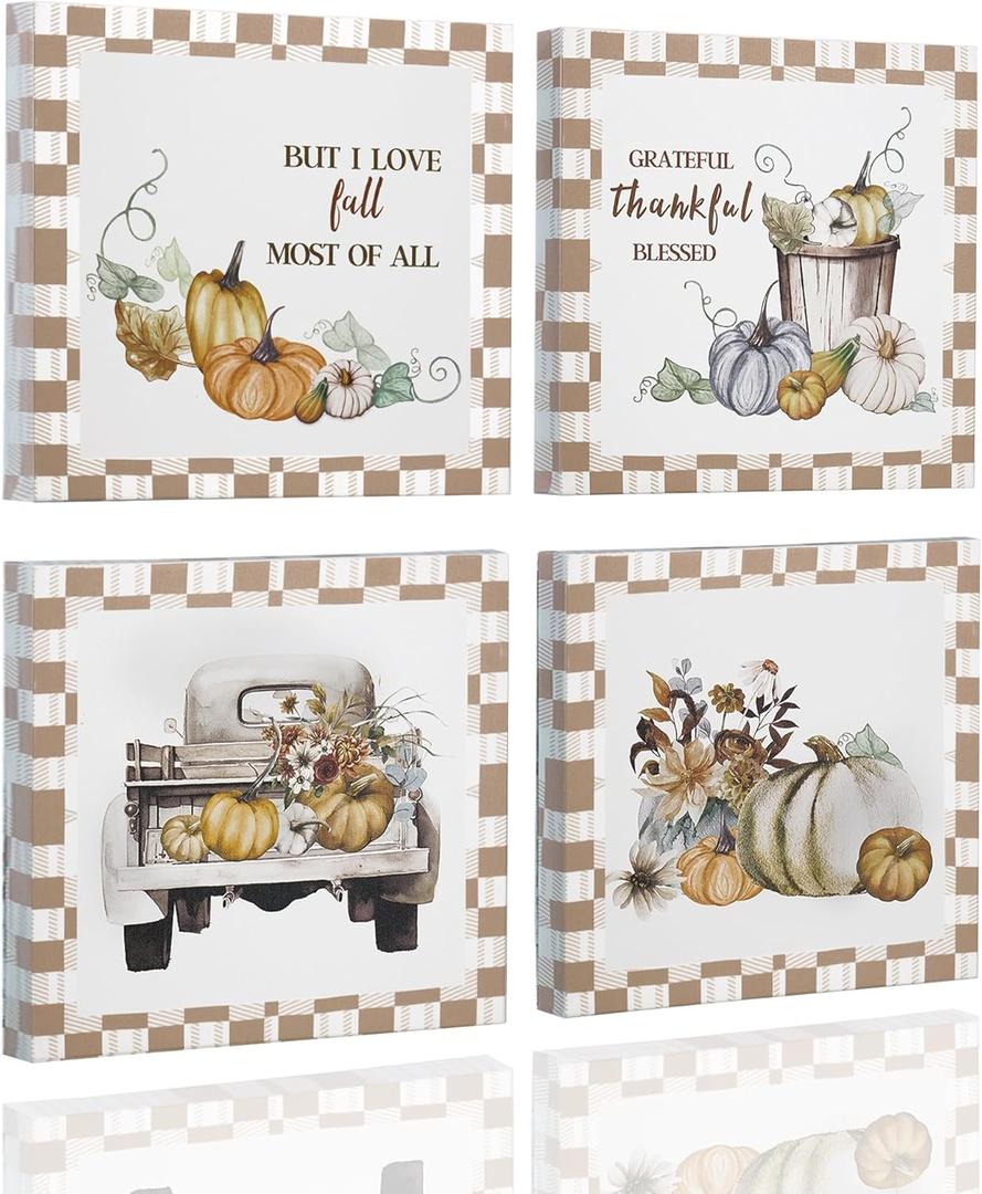 ArtbyHannah Framed Fall Canvas Wall Decor, Autumn Wall Art with Orange Pumpkin, Truck Prints Thanksgiving Harvest Home Decorations for Living Room Kitchen Stairway Bathroom (12x12 Inch, 4 Pack)