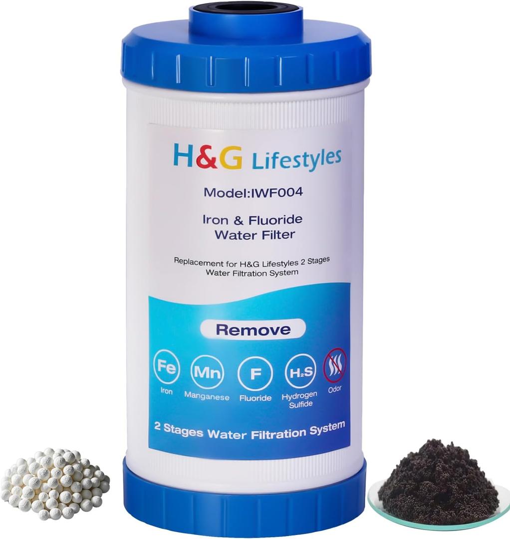 H&G Lifestyles Whole House Iron Water Filter Cartridge, Reduce Iron Manganese Fluoride for Well Water, Fit For Any 10" x 4.5" Whole House Water Filter System H&G Lifestyles Whole House Iron Water Filter Cartridge, Reduce Iron Manganese Fluoride for Well Water, Fit For Any 10" x 4.5" Whole House Water Filter System