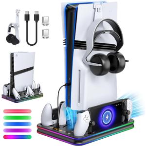 FYOUNG All in One Cooling Stand & Charger Station for PS5/Slim/Pro Console and Controller Charing Dock, Charging Stand for PlayStation Portal, Headset and Remote Holder with RGB Light Stand (Black)