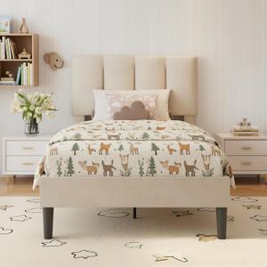 VECELO Twin Size Bed Frame with Upholstered Headboard, 2-Beige