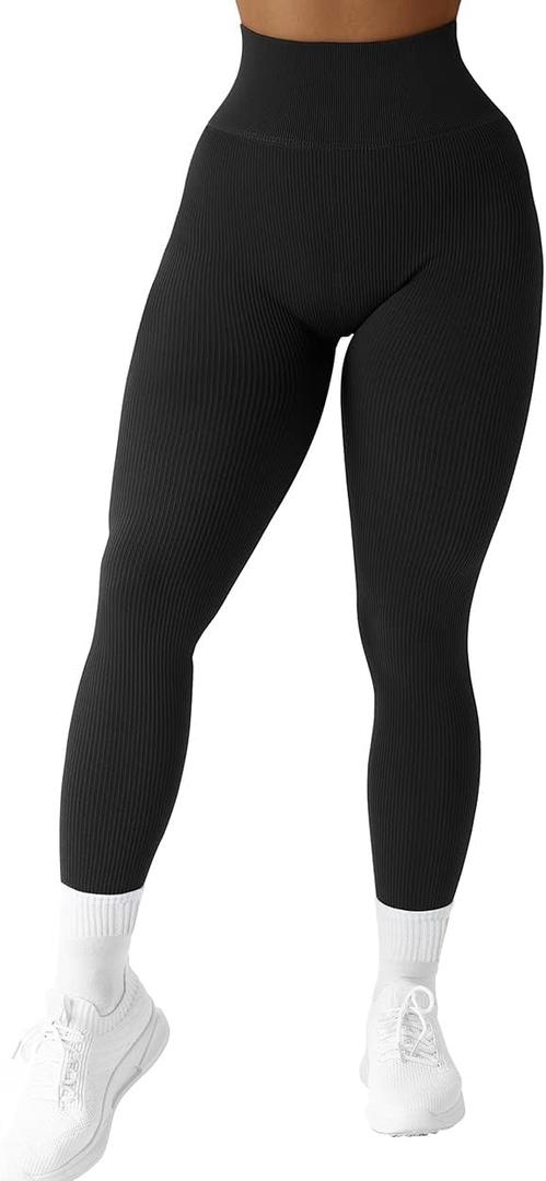 SUUKSESS Women Ribbed Seamless Leggings High Waisted Tummy Control Workout Yoga Pants (Black, XL)