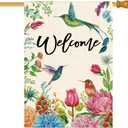 Summer Hummingbird Welcome Garden Flag 28 x 40 Inch Double Sided, French Vintage Peony Dahlia Floral Farmhouse Burlap Large House Flag Seasonal Holiday Outdoor Outside Decoration