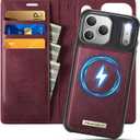 Wallet Case for iPhone 17 Pro Max Compatible with Magsafe, 2-IN-1 PU Leather Flip RFID Blocking Card Holder Stand Shockproof Magnetic Detachable Case for iPhone 17 Pro Max Case 6.9", Burgundy