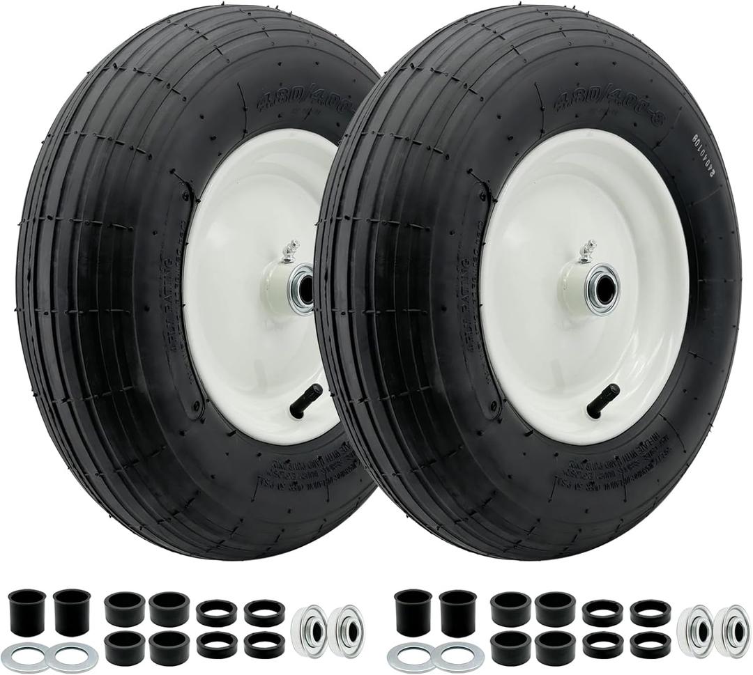 2-Pack 4.80-8 Wheelbarrow Tire with Rim 3"-6''Centered Hub, 3/4" or 5/8''or 1/2'' Bearings, 16 Tire Assembly for Hand Truck,Garden Cart (4.80/4.00-8 Tube Type,3" Center Hub,RibbedTread)