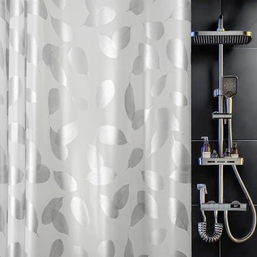 TRIMENGO Plastic Shower Curtain Liner, Waterproof Printed PEVA Shower Curtain with Design, Silver Leaf Pattern, Rustproof Grommets, Standard Size 70x72 Bathtub Curtain for Bathroom (Pack of 1)