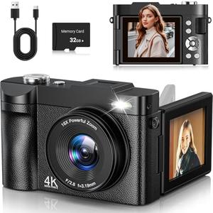ANVOSCI 4K Digital Camera 50MP Autofocus Vlogging Camera for YouTube with 2.8" 180° Flip Screen, 16X Digital Zoom Camera with 32GB Card for Beginner Boys Girls