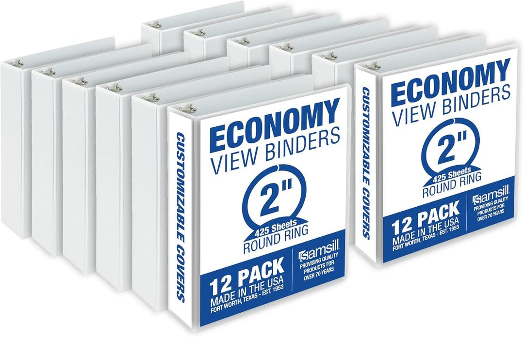 Samsill 2 Inch 3 Ring Binders, Economy Round Ring, Clear View Cover, 425 Sheet Capacity - for School, Home, Office - White, 12 Pack